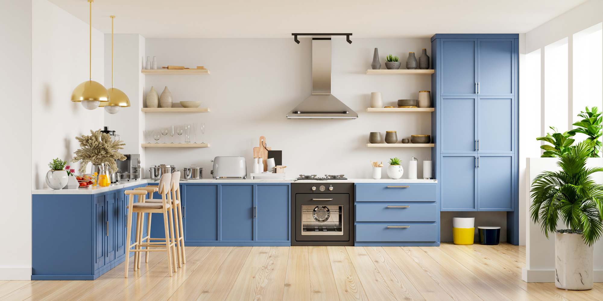 Modern Kitchen Interior with Blue Cabinets 